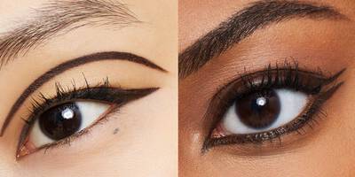 Dramatic brown eyeliner looks in a graphic cut crease shape and eyeliner in a double wing shape
